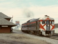 After a scheduled 1725 departure from South Edmonton and 30.8 miles onward, No. 304 with RDC2 9107 departed the 1907-built depot at Wetaskiwin right on time at 1803 MDT on Thursday 1978-09-14.  That depot survives to present day (2022), as does the distant Unifeed (now UGG) elevator.