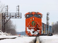 For the very first time, CN's Elgin Joliet & Eastern heritage unit is seen in the Niagara Region, as the leader on Toronto to Port Robinson manifest train A421. It is seen tied down at its destination just a few minutes after the crew got off. The full power was CN 3023, CN 2832, and CN 3970 as mid DPU.