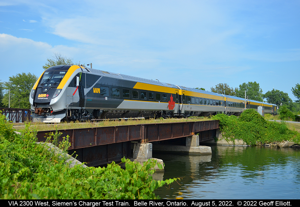 VIA Cab Control Car #2300 leads the second Charger Test Train trip west toward Windsor as it crosses Belle River in, ironically, Belle River, Ontario on August 5, 2022.  Had hoped that 2200 would be leading westbound as it is the actual locomotive for the train set, but instead it was on the rear for this trip.