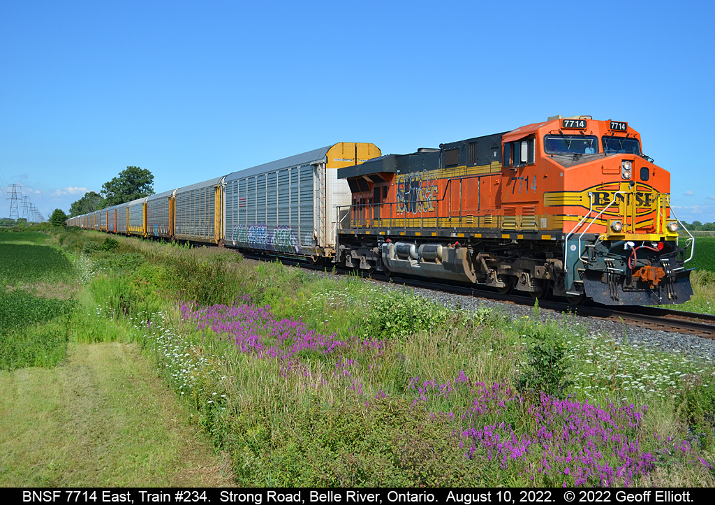 BNSF 7714 is solely in control of CP Train #234 as it slowly approaches Strong Road, just east of Belle River, Ontario on August 10, 2022.  Not as pretty as many of the BNSF's that have rolled by recently, with 7714 having it's California 'tagging' on the long hood, but still in the older H2 scheme.  BNSF 7714 East had just met train #131 at Belle River and is still pulling it's 70 empty racks out of the siding, but soon it will be on the high iron and start to accelerate up to track speed.