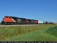 CN Train #439 is slowly getting up to speed as it has just left the siding in Stoney Point, Ontario after meeting VIA Train #76.  #439 is a short train today and was able to fit in the siding allowing #76 to go by at speed and not incur any delays.