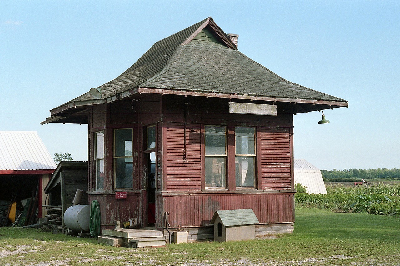 This cute little station looks almost exactly as it did many years ago. That is, once upon a time when it sat at mile 32.92 of the old CN Cayuga Sub in the hamlet of Moulton. (about 25 KM west of Port Colborne)  By the time I discovered this place it had long lost its status and had been demoted to a storage building on a local farm. Sadly looking worse for wear, at least it had not been destroyed like so many others. Or maybe it has. I neglected to mark its location back 35 years ago and now I cannot find it.  It may be lost. It would be a real shame.