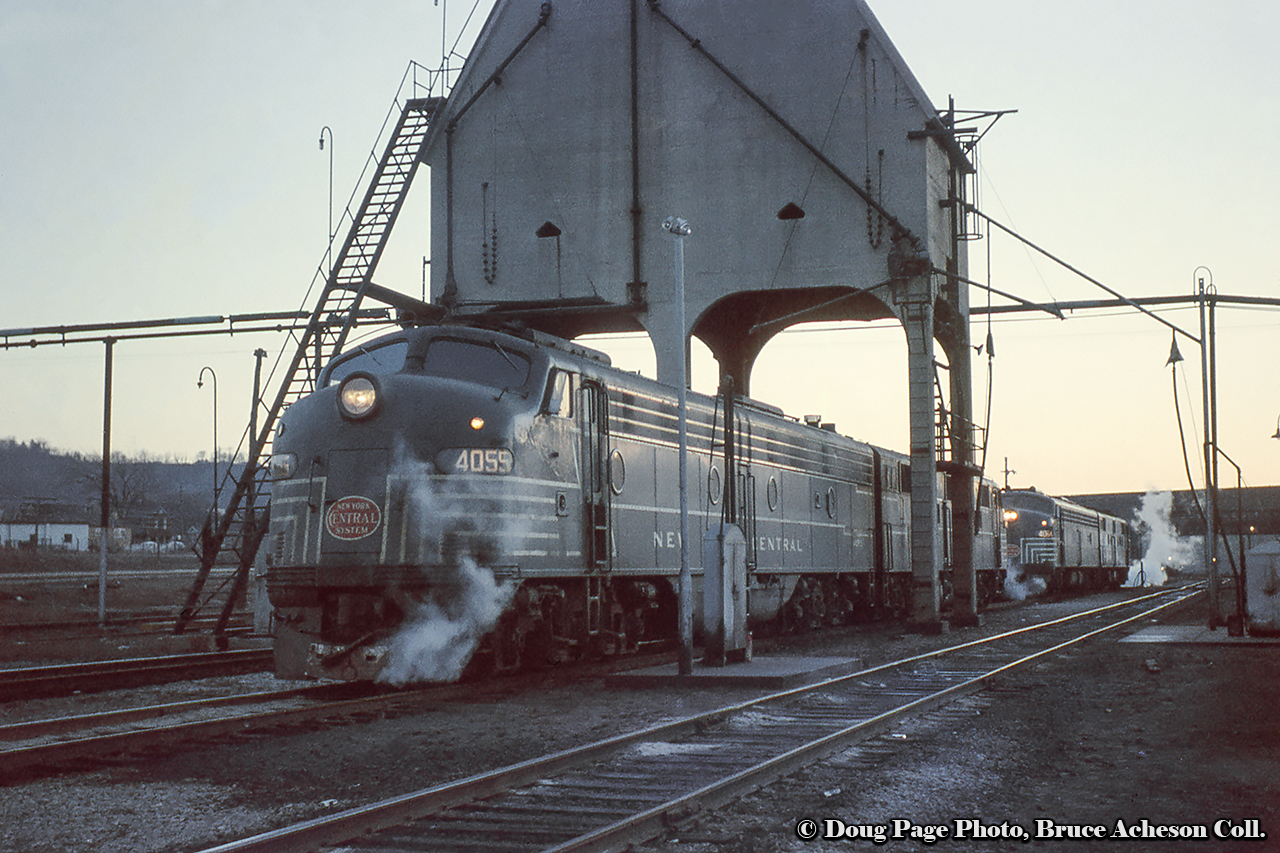 A grouping of lightning-striped New York Central E8A units layover at Chatham Street waiting to take train back stateside.  NYC 4055 leads the first pair with NYC 4061 on the far set.Doug Page Photo, Bruce Acheson Collection.