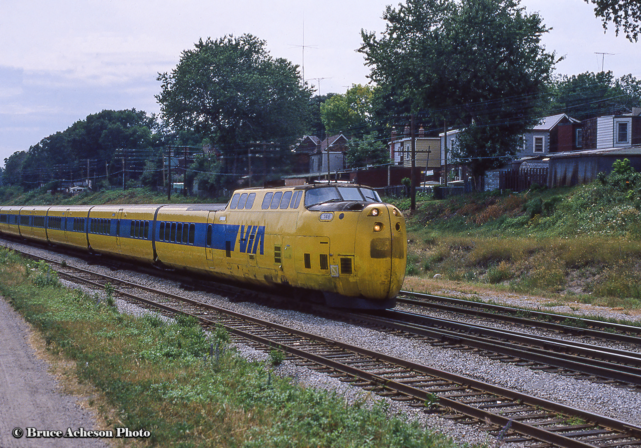 Eastbound Turbo 66 passes through the Danforth neighbourhood of Toronto minutes after departing Union Station for Montreal.
