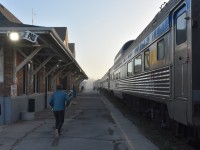 All Aboard! means get back on the train it's about to leave! This young man from Spain who was travelling to Churchill, among many other to unique places around the world, ran past me on the platform at The Pas to make his way back up to the economy coaches after he heard the call. It's now 06:38 and you can still see the fog ahead of the engines on VIA 693. Knowing the headend crew was still out on the platform I knew there was still time to grab a few more shots. Even though the lighting wasn't the greatest, I knew I had to grab whatever photos I could because visits to The Pas, MB are few and far between.
