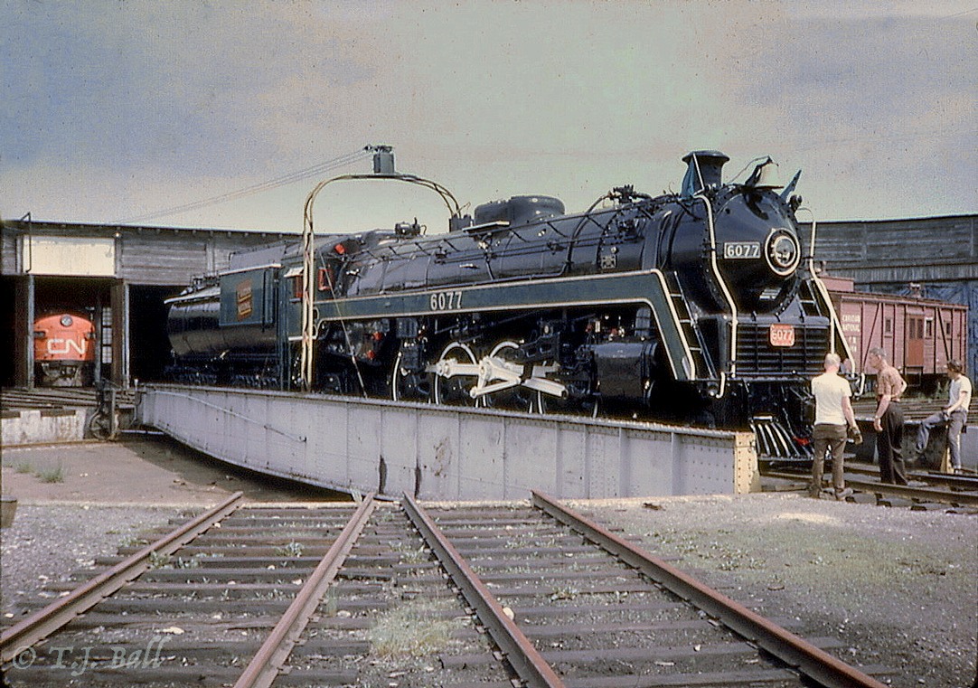 A scan of a slide taken by my late father in 1967.  It shows the 6077 being removed from the roundhouse at
Capreol prior to it being delivered to it's final resting place at Prescott Park.