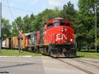 Back when CN L568 would run Sunday’s to Guelph, here CN 9449 and 9639 are viewed approaching Edinburgh Road and XV Yard located near Alma Street. The boxcars were from the WestRock of Canada facility on the North Spur and the hoppers were from the interchange with the Goderich-Exeter Railway. 