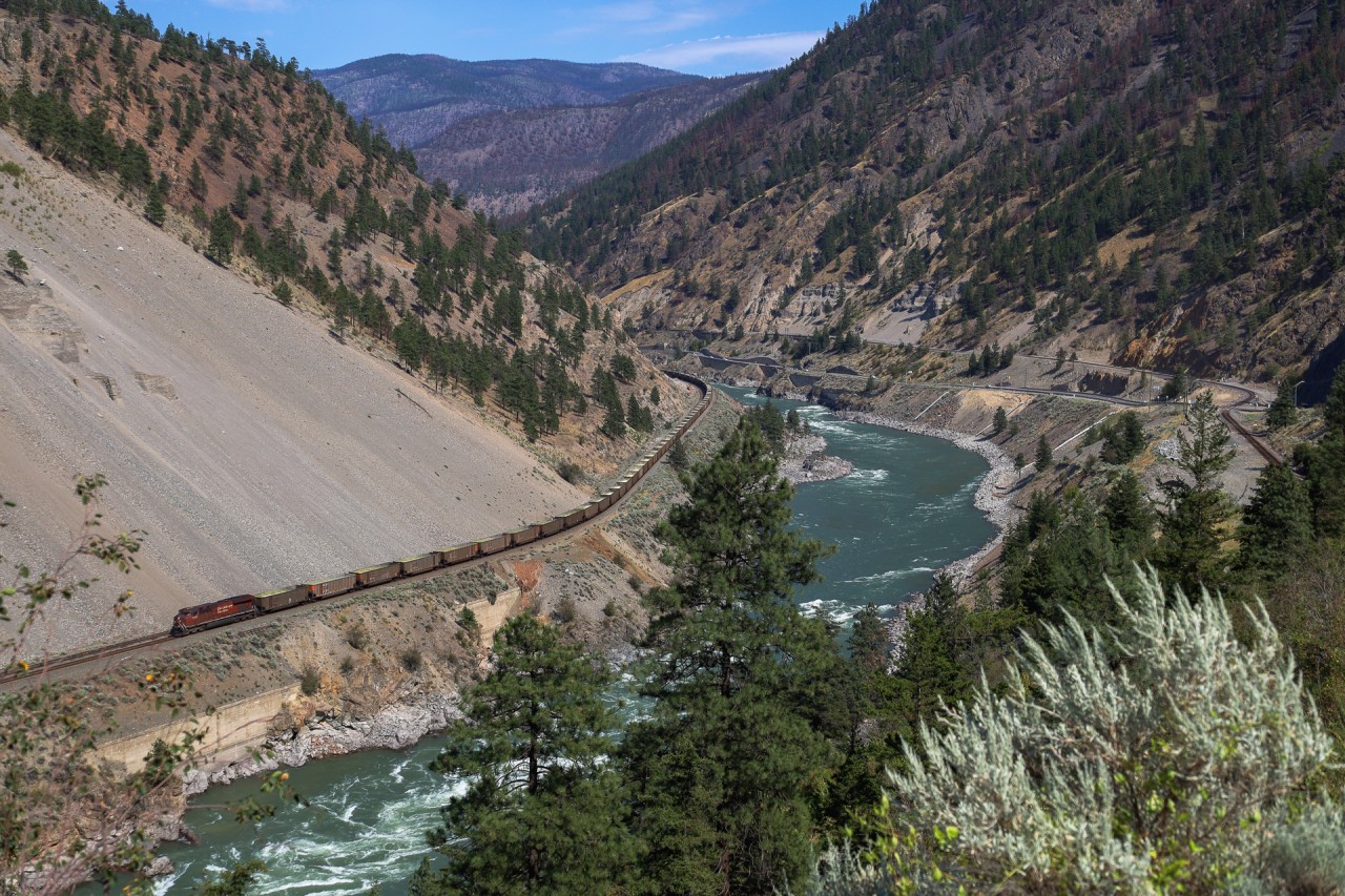 CP Sulphur train 609-025 eases down the Ashcroft Sub, passing the location of Morris Siding, about halfway between Spences Bridge and Lytton