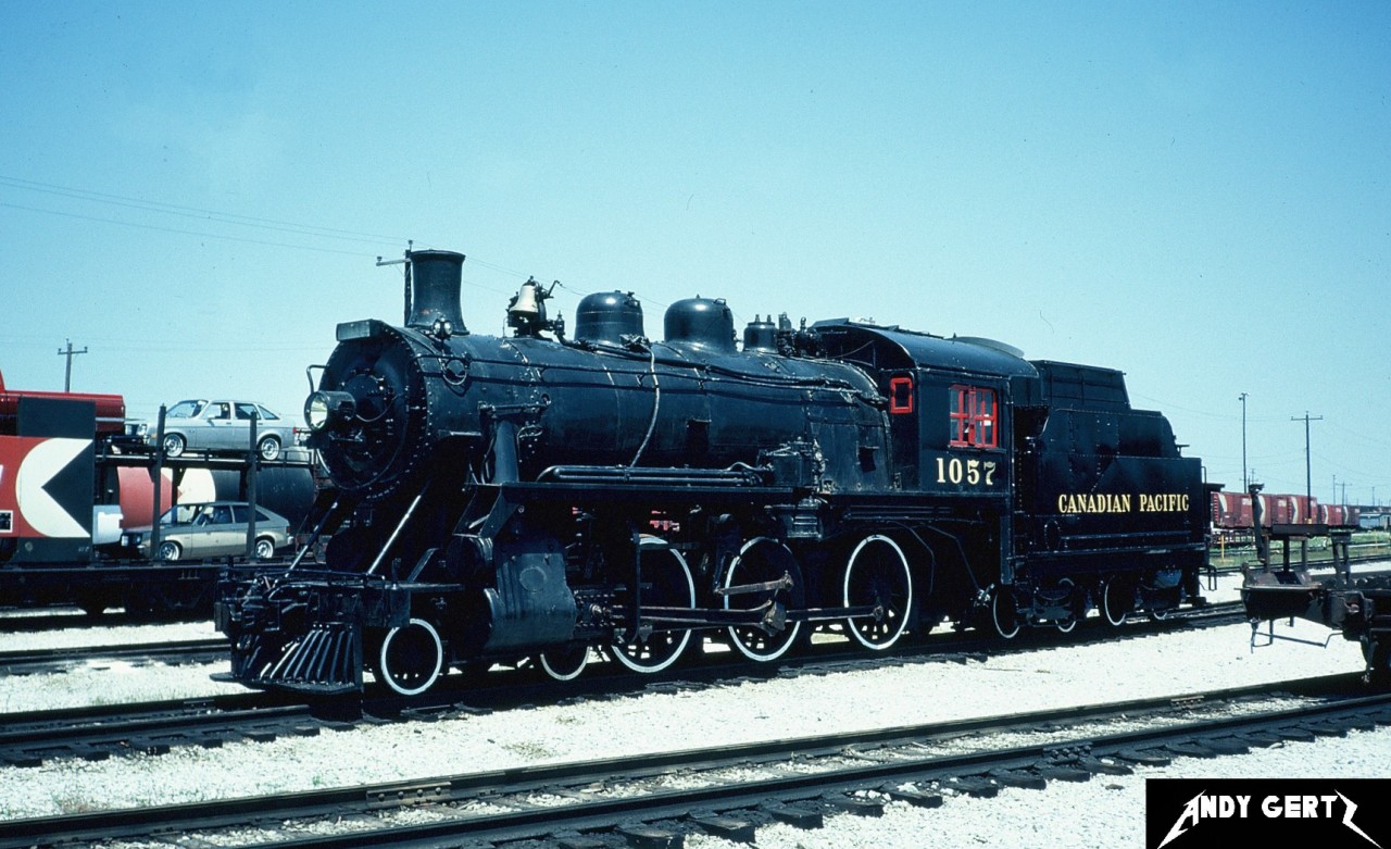 CP 1057 (4-6-0) is photographed at CP’s Agincourt yard in Toronto prior to being delivered to the South Simcoe Railway at Tottenham, Ontario in summer 1982.
