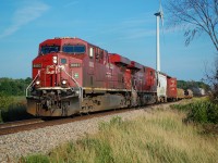 CP Northbound 239 with CP ES44AC 8883 and ES44AC 8844 at Boyle Rd. on the CP Hamilton Sub on Aug 28/22.