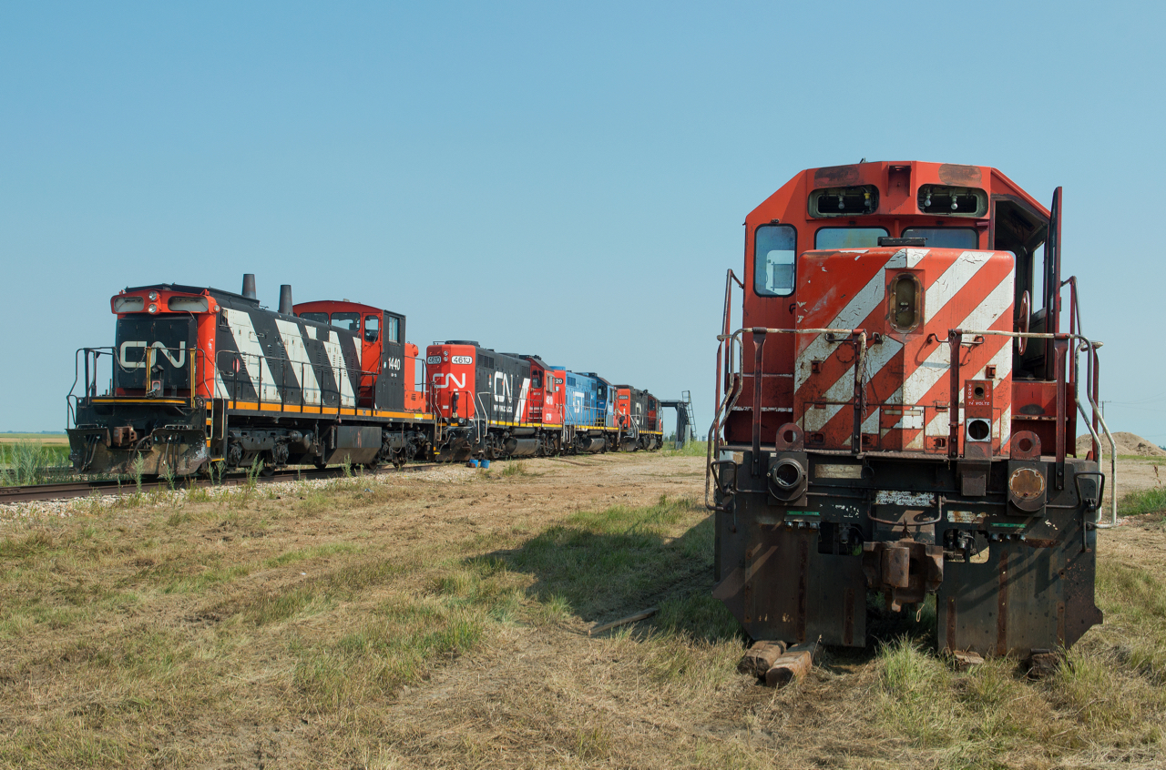 Stewart Southern Railway's latest acquisitions (1440, 4610, 4620, 7014) await attention and possibly future carriers at left while K&K Recycling's 5927 sits on the ground amidst the scrapping process at right.
