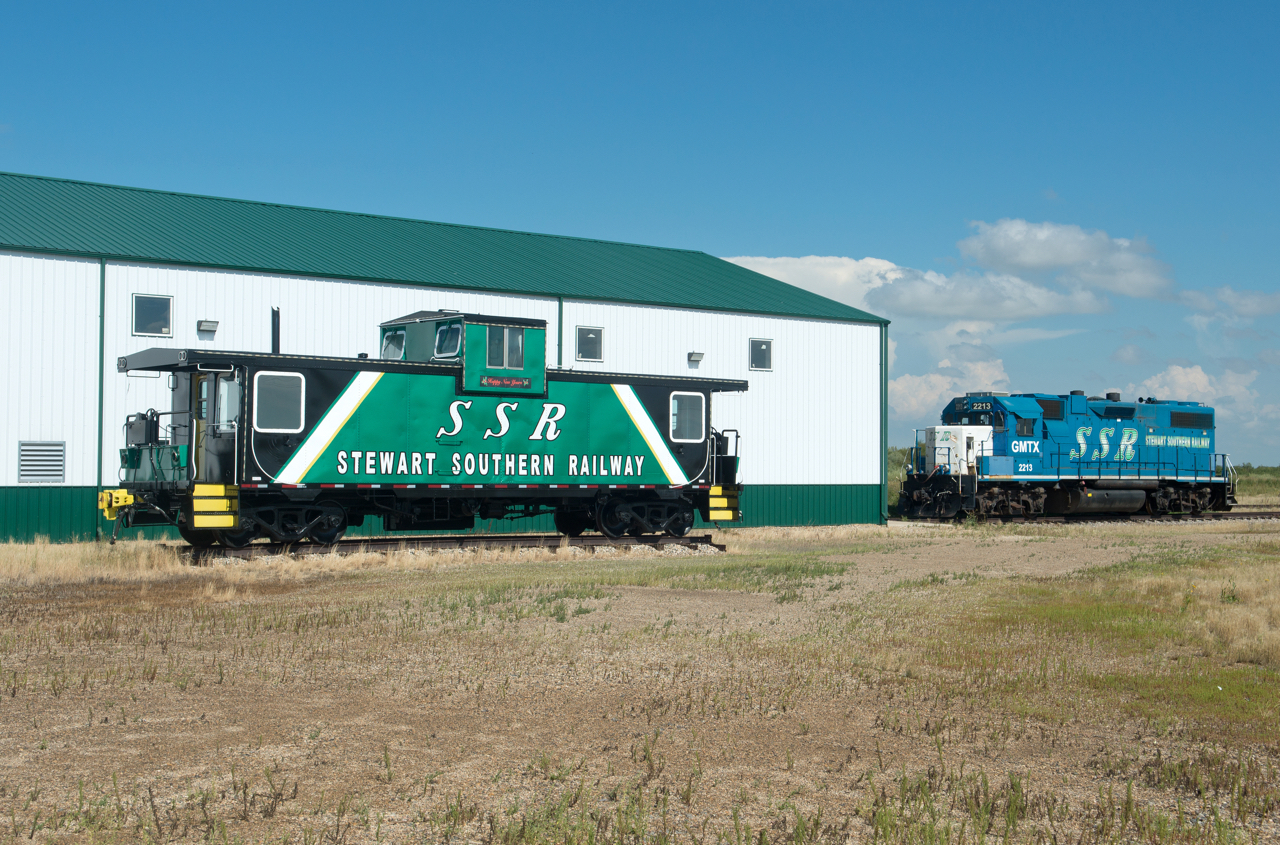 An exCN PSC caboose is a fine display piece outside the the Stewart Southern Railway's shop near Fillmore Saskatchewan.