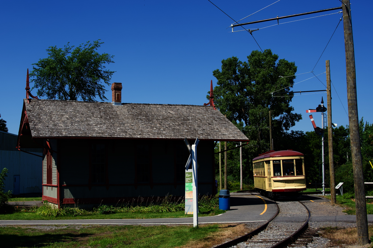 For the first time since 2019, MTC 1959 is doing its usual loop around the grounds at Exporail. Here it has just crossed a diamond as it prepares to stop at Barrington Station. This station was built by the Canadian Atlantic Railway in 1882 and was located in the small town of Barrington, Quebec. It was moved to what would become Exporail in 1965.