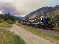 Just over a year after the devastating fire in Lytton BC, the eastbound Rocky Mountaineer highballs past Gladwin as another fire rages just north of Lytton