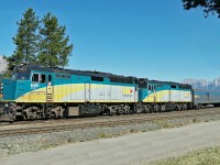 VIA #1 "The Canadian" westbound departs Jasper about 2 hours late, providing a nice view in the morning sunshine.