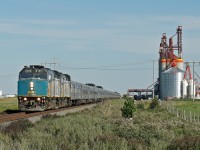 VIA #1 the westbound Canadian approaches it's station stop in Unity Saskatchewan.