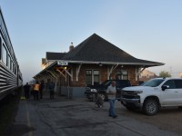 It's 06:34, foggy, cool, and damp on the station platform at The Pas, MB. VIA #693 (Winnipeg to Churchill) arrived a few minutes earlier so it was time to detrain and capture what I could during this early morning stop. Only a handful of people were milling about at this hour, including a couple of passengers, VIA on-board & local maintenance personnel, a station security guard, and the new headend crew. After getting my photos, and enjoying the cool fresh air of this northern Manitoba community, I climbed back on board and headed to VIA 8515 Skyline to enjoy a hot, freshly prepared breakfast of scrambled eggs, bacon, and hash-brown potatoes, and another full day of riding the rails towards the polar bear and beluga whale capital of the world. :-)