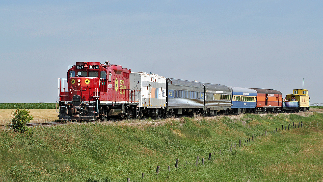 Ex CP GP9u 1624 ambles across the prairies with Aspen Crossing Railway's Champagne Brunch excursion