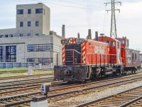 CP 8147 and a caboose are just west of Toronto Union Station in Toronto in mid-June 1970.