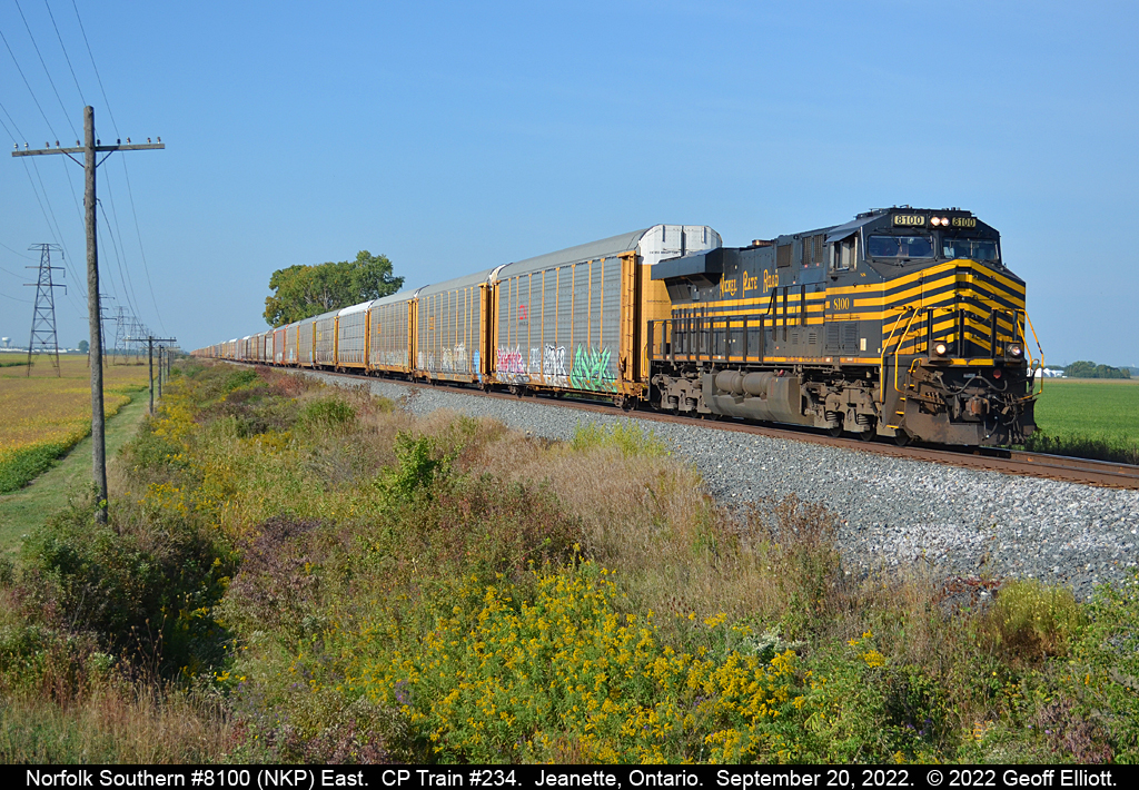 A similar photo could have easily been taken in the flatlands of Indiana and Ohio where the Nickle Plate once ran, but this is Ontario and on the CP Windsor Subdivision.  With "heads up" in the wee hours of the morning it was noted that Norfolk Southern ES44AC #8100, the Nickle Plate Road Heritage Unit, was leading an empty autorack train #234 out of Elkhart, IN just before midnight.  As luck would have it congestion on the NS in Detroit delayed the train enough to allow the sun to come up and swing around to result in a great shot of the train as it approached Sinclair Road in Jeanette, which is just east of Tilbury, Ontario.  The scene looks like what I can imagine as a modern version of Tony Koester's HO scale NKP layout.