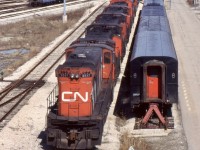 1998 was probably one of my least liked Railfaning years. The beginning of the year would claim the surviving Alco/MLW/ BBD’s on both CN and CP. A trip down to Mimico in February would tell the tale as CN stored numerous M420’s and HR616’s there, pending disposition. More units were located behind me in the west end of the VIA yard. 