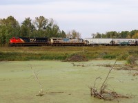 M 31151 16 rolls past some muskeg between Carvel and Duffield, on the Edson Sub.  Trailing unit CN 3974 has some interesting graffiti on the engineers side; a Conrail logo.