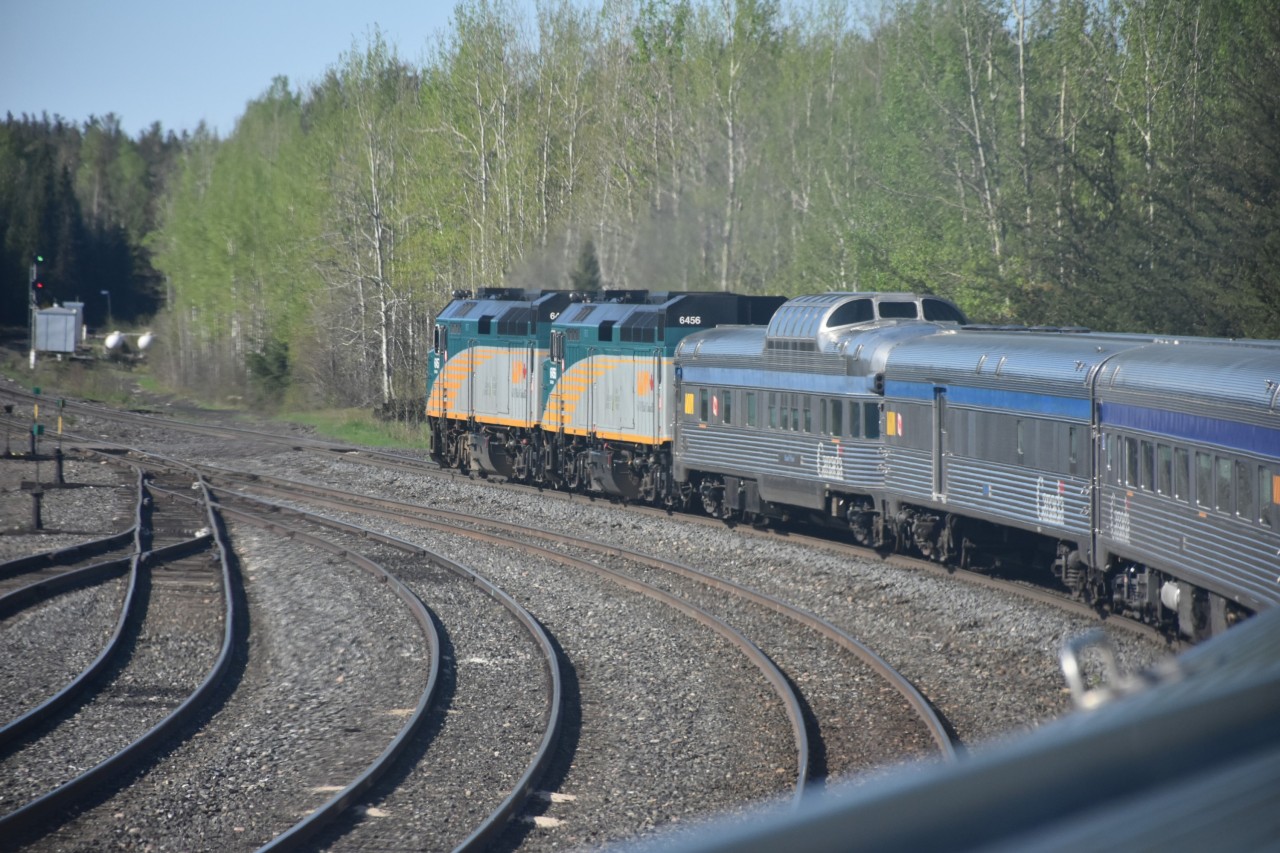 Clear signal at 0.7 on the Allanwater Sub. and VIA 6457 & VIA 6456 get a hefty notch bump from the engineer as VIA #1 departs Armstrong, ON to continue its journey west. VIA 88703 Banff Park is tucked in between the power and the baggage/crew car and deadheaded all the way from Toronto to Vancouver on this run. It's a great feeling to be sitting in the Skyline car taking pictures on this beautiful day in Armstrong, then being down in the yard with some Work Equipment machinery as I had done so many times before. ????