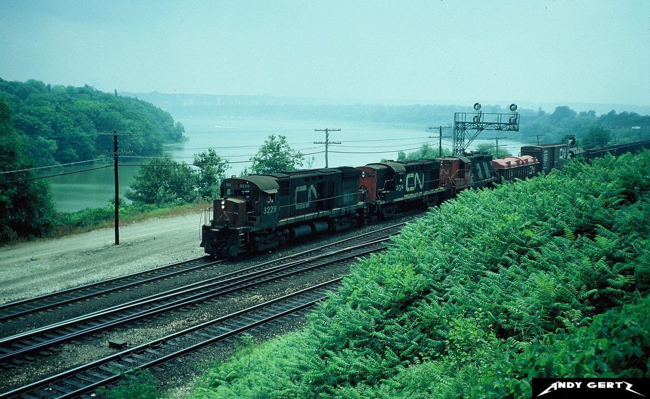 CN 3229 leads a train off the Grimsby Subdivision approaching Bayview Junction during a very hazy summer day.