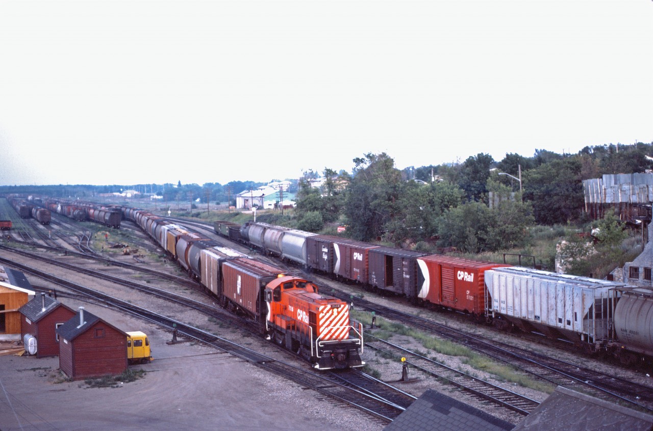 While SD40s/-2s may have dominated the mainlines, MLWs handled yard work across the CP system well into the 1980s. Here we have S4 7116 working the yard in Brandon on a summer evening almost 40 years ago. Soon rebuilt GP9s will take over--they're already working many assignments in Winnipeg...