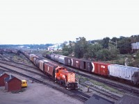 While SD40s/-2s may have dominated the mainlines, MLWs handled yard work across the CP system well into the 1980s. Here we have S4 7116 working the yard in Brandon on a summer evening almost 40 years ago. Soon rebuilt GP9s will take over--they're already working many assignments in Winnipeg...