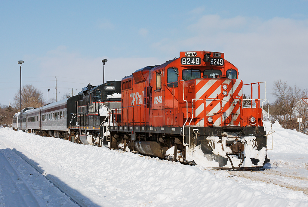 February 15, 2014, it's already been 8 years now.

CP 8249 idles away tied onto the Credit Valley Explorer at Orangeville, ready for the trip south to Snelgrove and back. Fast forward to this year, the yard and mainline have now been ripped up and the only track that remains is the station track the train is occupying.