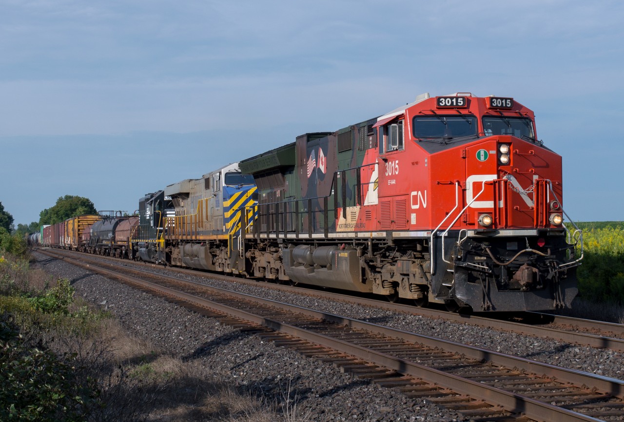 CN 394 blasts through the Brant County countryside between Brantford and Lynden.  Leading 394 is CN 3015, CN 3939 and ONT 1853.  I was quite surprised to see the same two CN units I had photographed several weeks before on 397 still together.