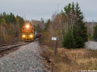 HCRY 3409 West approaches mile 10 of the former CP Webbwood Subdivision on a dull October day in the Greater Sudbury Area. 