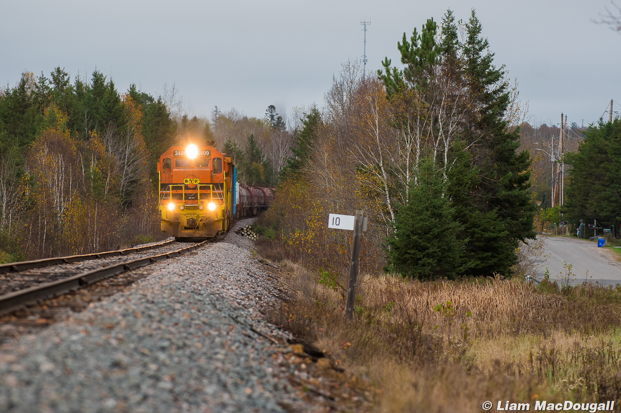 HCRY 3409 West approaches mile 10 of the former CP Webbwood Subdivision on a dull October day in the Greater Sudbury Area.