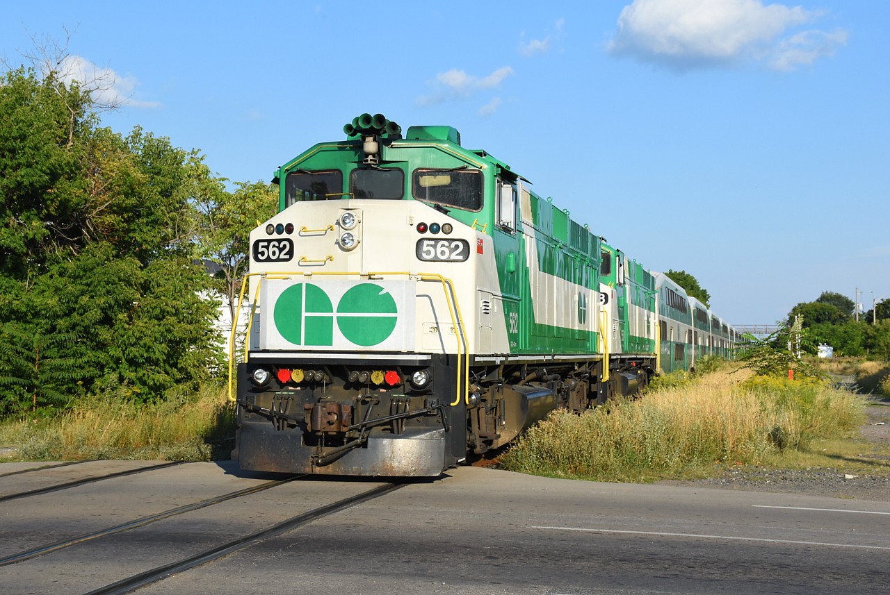 Liam's photo posted last weekend of the GO train passing CN Stuart reminded me that the weekday Guelph Sub. train set with a pair of F59PHs is assigned to the evening Niagara Falls train on weekends.  It's scheduled to depart Aldershot GO station at 17:41, so I headed down to Wellington Street North Saturday evening to photograph it.  A different pair then last week, GO 562 and sister shove the Niagara Falls-bound train through the waist-high weeds of the Grimsby Sub.  GO 522 shoving a Toronto-bound train at Bayview in the early 90's is the first train photo I ever took with my own camera.  30 years later; eight of the F59PHs are still going strong on GO, and many continue to soldier on for other commuter agencies.