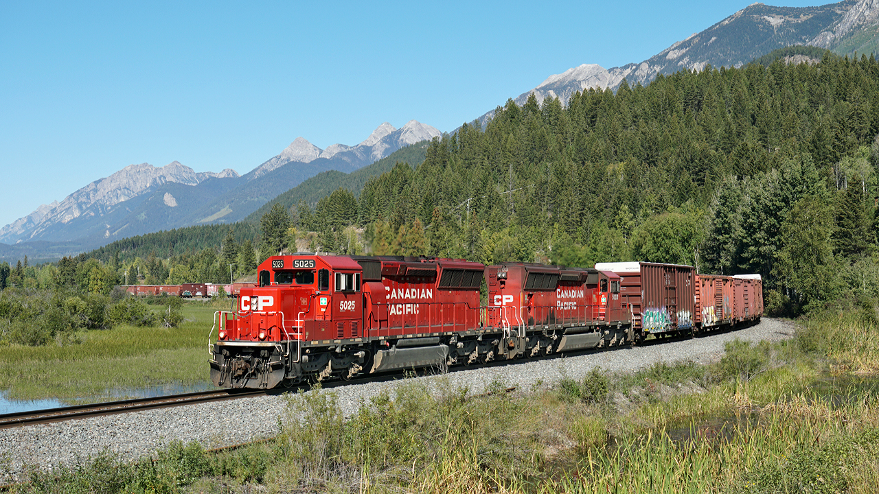 A pair of SD30C-ECO, Cp 5025 and 5003 head south on the Windermere Sub with the Golden to Fort Steele local way-freight.