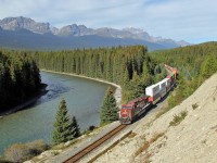 CP 8626 leads an eastbound intermodal through the Bow River Valley on CP's Laggan Sub.  Viewed from Storm Mountain lookout on Hyw 1A, the Bow Valley Parkway.