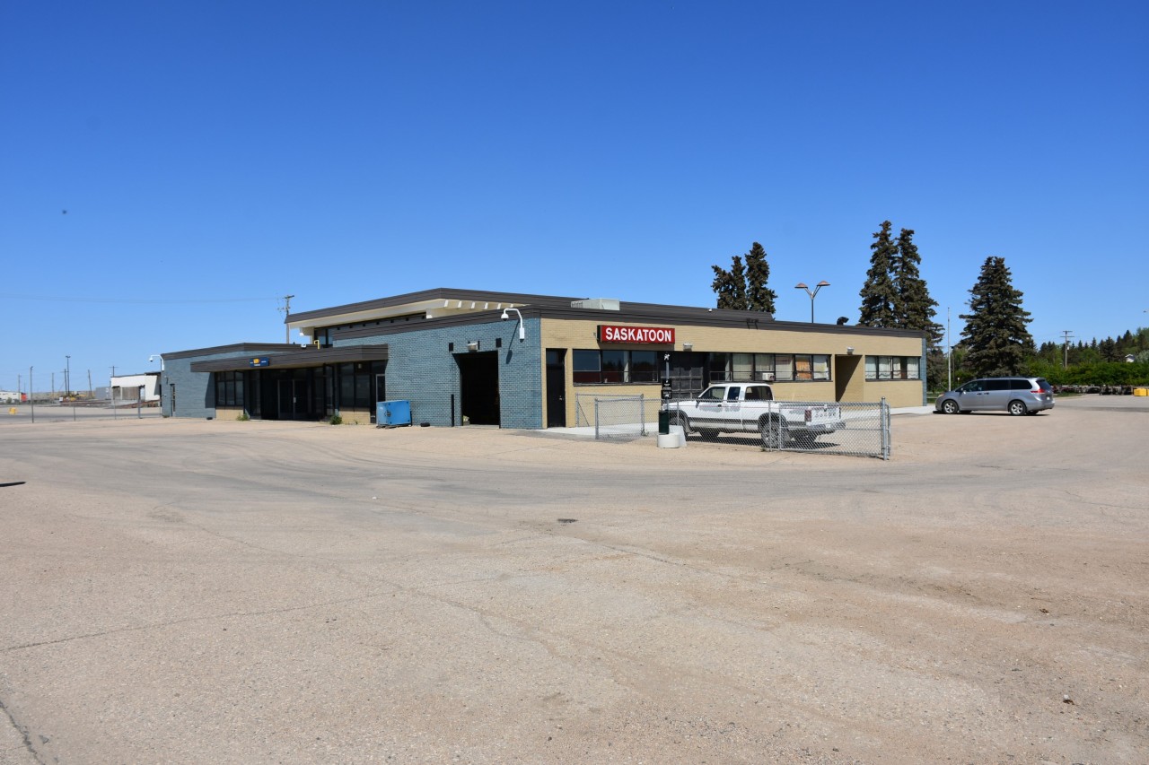 VIA Rail's Saskatoon, SK station looks fresh and clean in the June 3, 2002 photo. I had stepped off of VIA #1 The Canadian, as I do at every stop, for some fresh air, walking exercise, and photos. Todays weather was amazing and allowed for some great shots at the station, on the platform, and of the CN yard and maintenance complex.