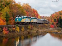 The fall colours are at their best as VIA 1 has just run around CN 107 and is right on time for its next stop in Parry Sound...on CP's tracks. 

Yes, there was an idler car on the tail end. There are no polite words to describe my opinion of that nonsense.