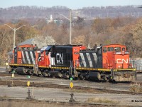 One of the CN Hamilton Yard sets rests while awaiting its next duty. In this image, CN 4719 was sandwiched between two GMD1s – 1437 and 1412. The 1437 is now under a coat of olive green and gold Canadian National paint at the Waterloo Central Railway based out of St. Jacobs, ON. November 23, 2019.