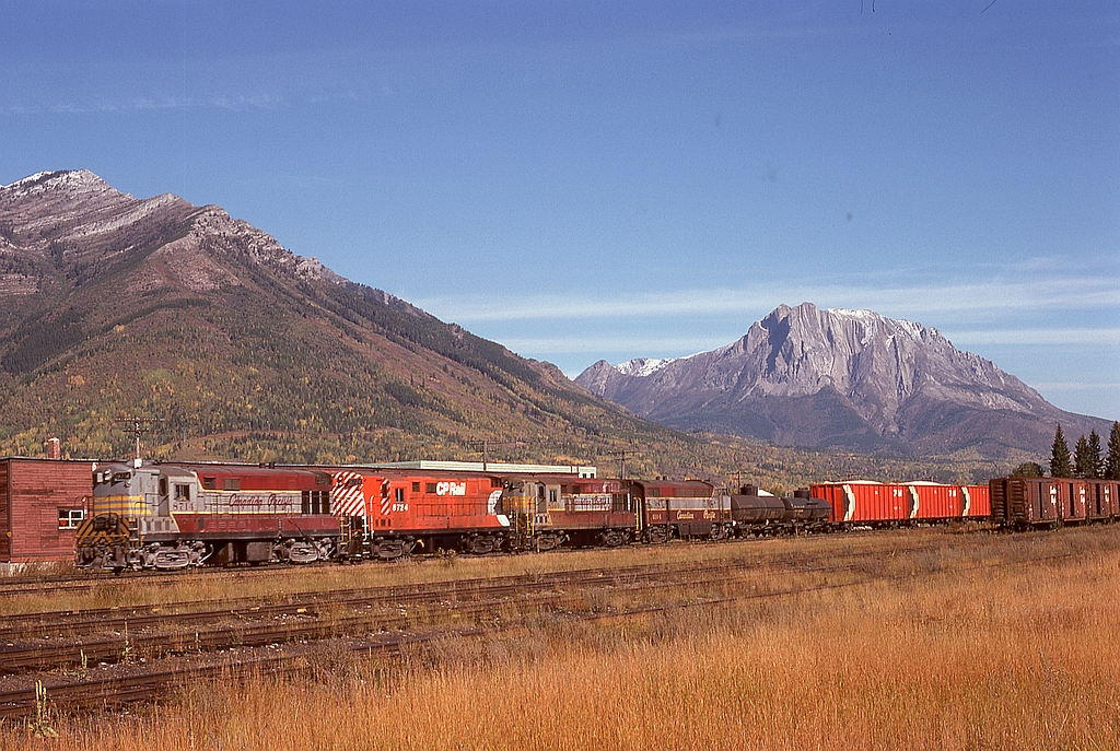 With less than a year left before CP shutdown most CLC/FMs, four of them, 8714 + 8724 + 8549 + 4104, are hustling a freight westward by the freight shed at Fernie, with Mount Hosmer in the background on the right and Three Sisters on the left.  The fourth unit, C-Liner 4104, is happily preserved today outside the former CP depot at Nelson.