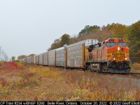 With snow starting to fall today, and as dreary as it was, it was a bit of a stretch for me to head out to shoot train #234 let alone anything else.  With the last of the Fall color showing, and the cleanliness of the BNSF unit, it actually ended up making for a decent 'Fall' shot.  Here is BNSF 5280 leading CP Train #234 as it highballs eastbound at the East Siding Switch, Belle River, on the CP Windsor Sub on October 20, 2022.