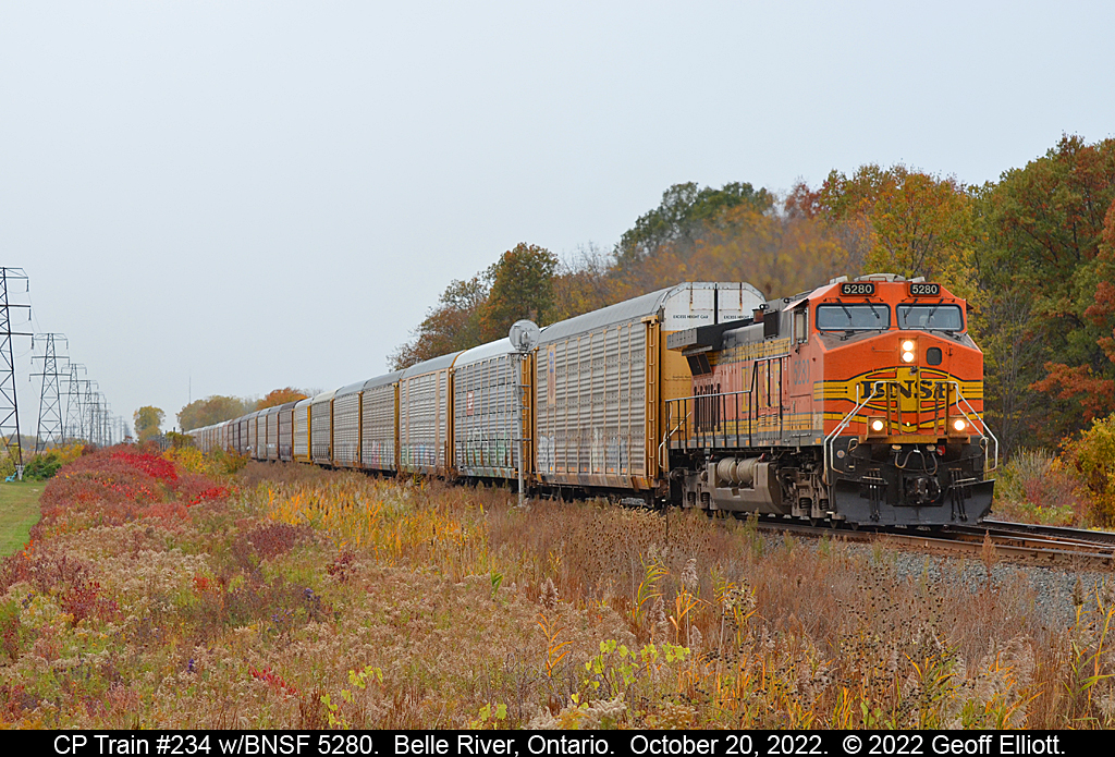 With snow starting to fall today, and as dreary as it was, it was a bit of a stretch for me to head out to shoot train #234 let alone anything else.  With the last of the Fall color showing, and the cleanliness of the BNSF unit, it actually ended up making for a decent 'Fall' shot.  Here is BNSF 5280 leading CP Train #234 as it highballs eastbound at the East Siding Switch, Belle River, on the CP Windsor Sub on October 20, 2022.