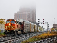 Halloween vibes were trackside in Toronto today with railfan trick or treating. Tricky rainstorm conditions yet a treat to a pumpkin H2 leading 234. The fog almost did the favor of removing the apartments from this view at Osler Street whilst BNSF 4189 knocks down the West Toronto Signals, but their ghostly presence remains.