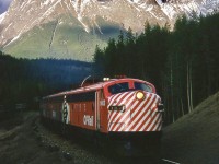 #1 Westbound “Canadian” passenger train to Vancouver British Columbia Canada, East of Leanchiol BC, with Chancellor Peak in the background. Mile 16.5 