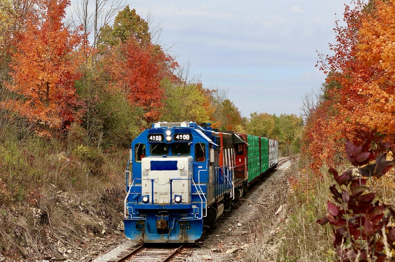 CN 542 slows for the blind crossing at Black Bridge Road east of Hespeler. There was an old single lane bridge here until age forced its removal. The autumn colours are beginning to take hold on this nice fall day.