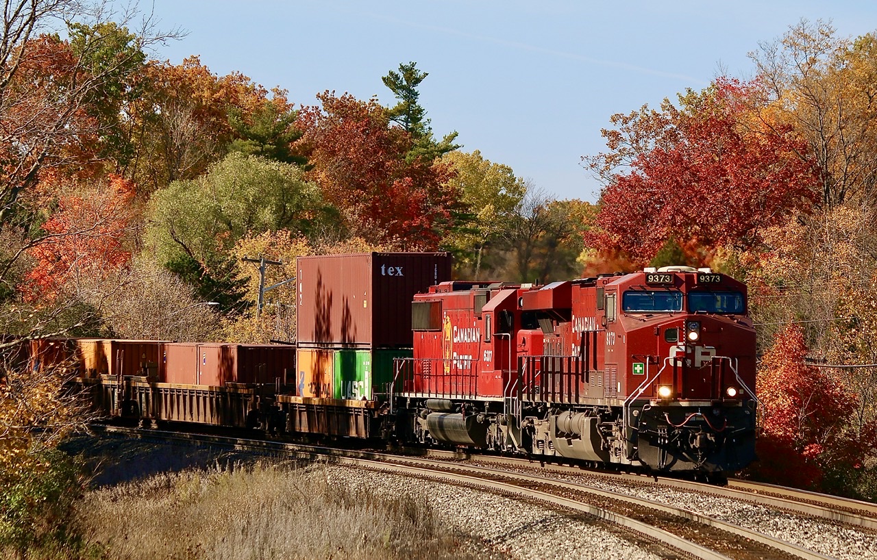 Burnt autumn colours surround a late CP 132 as it leans into the curve just west of Campbellville and prepares to descend the Niagara Escarpment.
