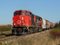 CN L568 with GP40-2L(W)’s 9416 and 9639 are approaching Nafzinger Road just outside Baden, as they head west towards Stratford on the Guelph Subdivision. 
