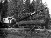 Canadian Forest Products Limited (CANFOR) American Hoist & Derrick model 408-CD locomotive crane, serial No. 2338 (order No. J-1638) is seen on the railroad when new in 1948. I do not have a location to map as there was no information on the photo retrieved from the cranes master file, but I will assume it is near Woss, BC.
This logging railroad crane was delivered new in January 1948 and was equipped as follows:
Engine:  Caterpillar  D17000  174 hp @ 950 rpm
Starter: gas & electric
Boom:    50' log loader
Outriggers
Tagline
Track Clamps
53 cfm air compressor
Side rods
It was scrapped in Woss, BC June 1985