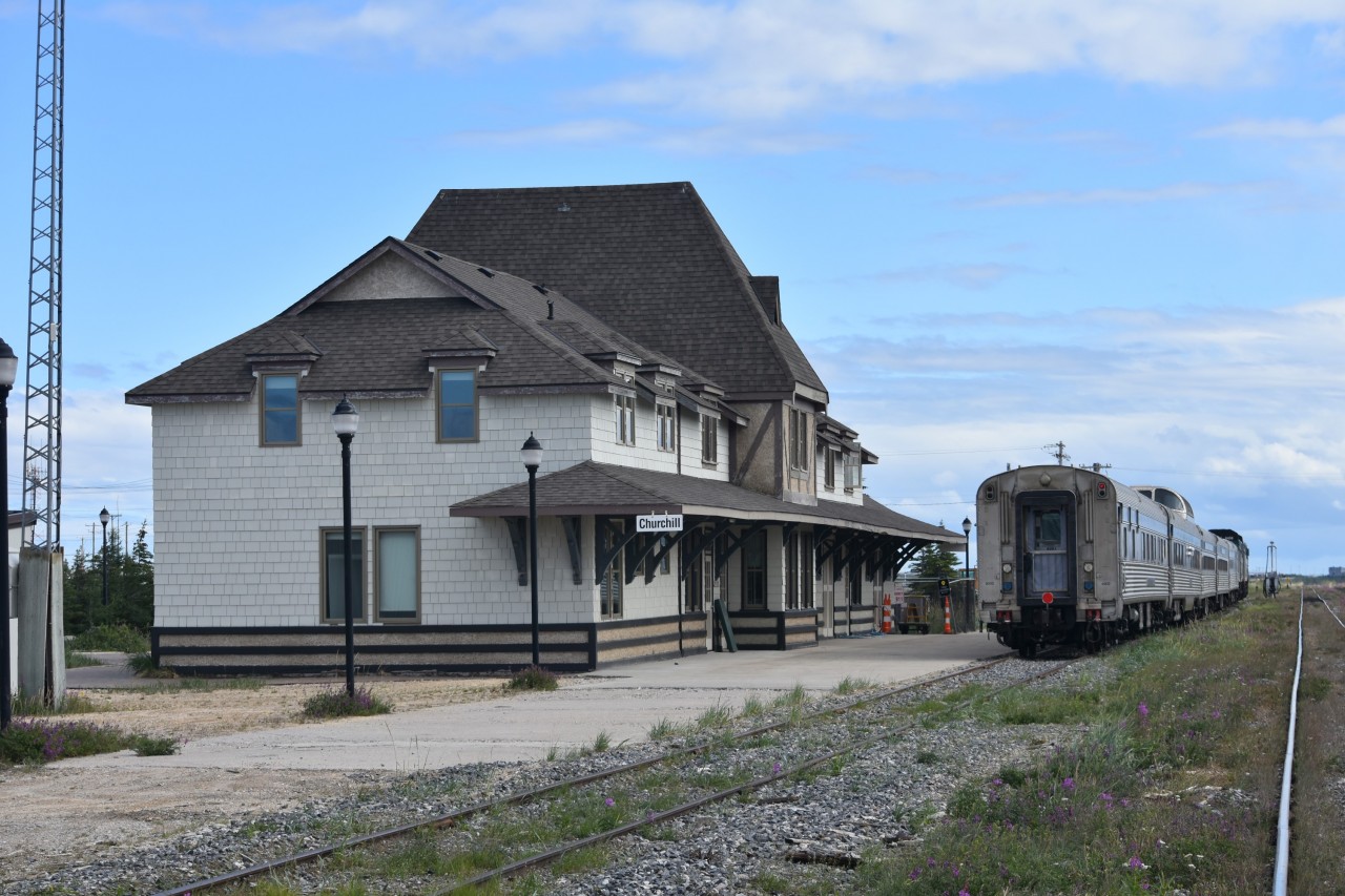 All is quiet at the station in this view of VIA #693 parked on the station track at Churchill, MB on this August 2, 2022, day of arrival from Winnipeg. The consist front to back was VIA 6443, VIA 6458, VIA 8612 baggage, VIA 8137 coach, VIA 8140 coach, VIA 8515 Skyline dome/kitchen/diner, and VIA 8202 Chateau Bienville sleeping car.